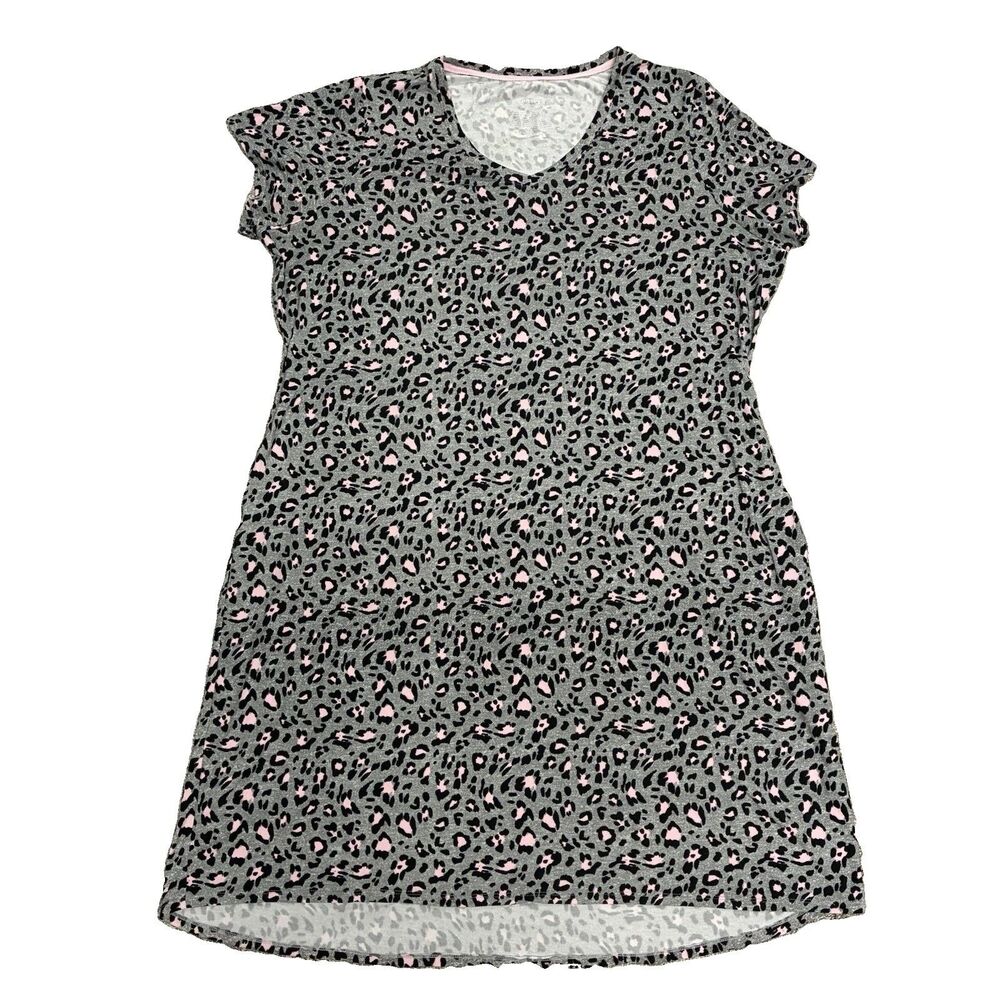 JoySpun Leopard Print Sleep Shirt Size Grey Pink V-Neck Nightgown w/ Pockets
